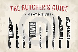 Meat cutting knives set. Poster Butcher diagram and scheme