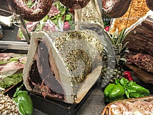 Meat Department in the butcher shop inside the restaurant. Various types of meat are presented in an orderly and creative way.