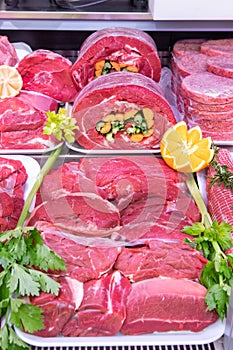 Meat department in butchery inside a mall and food supermarket