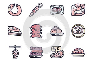 Meat department color vector doodle simple icon set