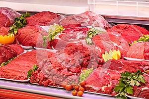 Meat department, showcase with variety of meat in different cuts