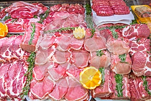 Meat department, showcase with variety of meat in different cuts