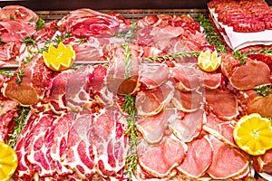 Meat department, showcase with variety of meat in different cuts