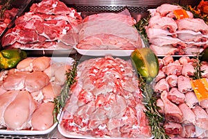 Meat department, supermarket display. Butcher shop