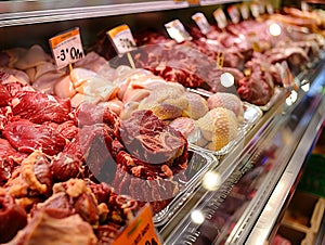 Meat is displayed in a store with prices on it