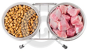 Meat and dry food for pets in metal bowls