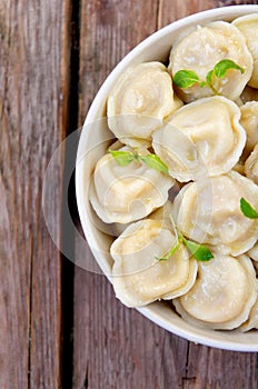 Meat Dumplings - russian boiled pelmeni in plate Fried salmon on a plate with lemon and dill on a blue checkered table cloth