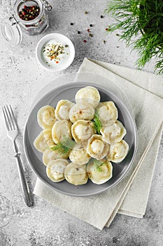 Meat dumplings - russian pelmeni, ravioli with meat on a grey plate. Flat lay composition