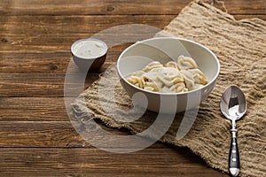 Meat dumplings - russian pelmeni, ravioli with meat on a white plate