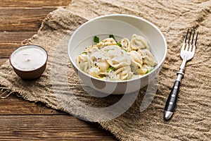 Meat dumplings - russian pelmeni, ravioli with meat on a white plate