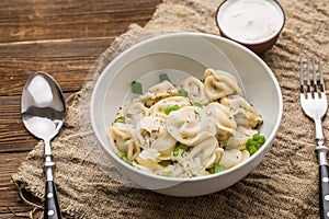 Meat dumplings - russian pelmeni, ravioli with meat on a white plate