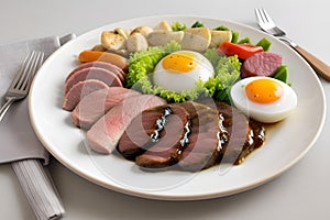 Meat and eggs and vegetables dish in white plate