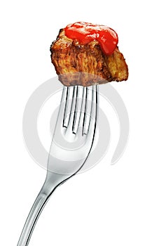 Meat on end of fork