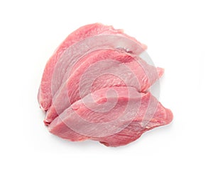 Meat without fat neatly cut into chunks on a white background. photo