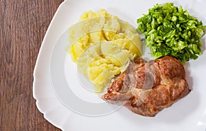 Meat fillet steak with mashed potatoes and vegetables salad