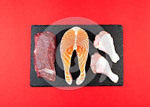 Meat, fish and chicken. High protein and healthy foods. Ingredients for a Ketogenic Diet. Veal steak, salmon and chicken legs on a