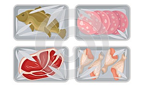 Meat and Fish Packed in Boxes Under Vacuum Food Packaging Film for Keeping Safe Vector Set