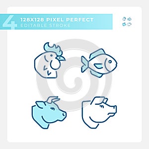 Meat and fish products pixel perfect blue RGB color icons set
