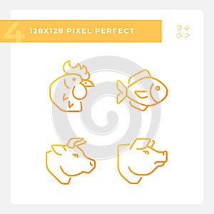 Meat and fish products pixel perfect gradient linear vector icons set