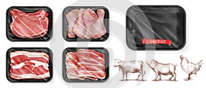 Meat food. Beef, pork, chicken legs. Black polystyrene packaging. 3d vector realistic set