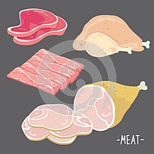 Meat food eat beef pork bacon chicken fresh raw piece slice cartoon vector