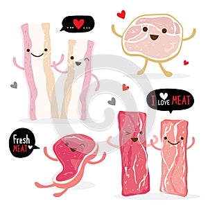 Meat food eat beef pork bacon chicken fresh raw piece slice cartoon vector