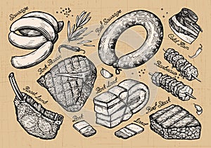 Meat, food. set sketch elements hand-drawn. vector illustration