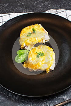 Meat in French - baked meat with ananas, onion, cheese and mayonnaise.