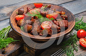 Meat fried small pieces of roast goulash