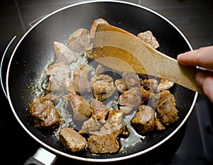 Meat on frying pan