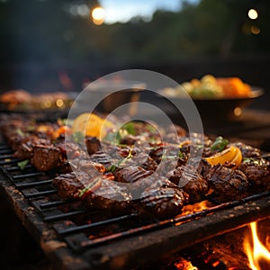 Meat on a grill with a bowl of food on it