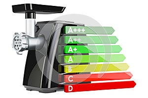 Meat grinder with energy efficiency chart, 3D rendering