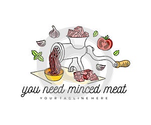Meat grinder grind meat into mince meat, logo design. Food, meal, vegetables, herbs, butcher shop and catering, vector design