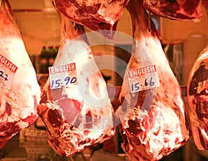 Meat hanging in an English butcher.