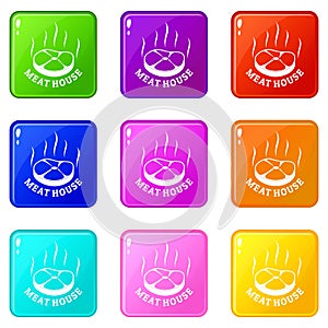 Meat house eco icons set 9 color collection