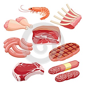 Meat icon set vector Fresh and grilled meat icons set. Steak, shrimp, chicken leg, sausages, ribs, pork and beef