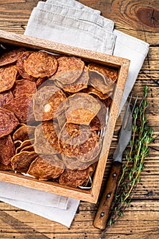 Meat Jerky from beef and pork meat. wooden background. Top view