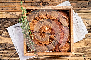 Meat Jerky from beef and pork meat. wooden background. Top view