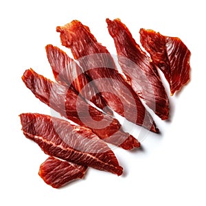 Meat Jerky Isolated, Dry Salted Chicken Slices, Small Pieces of Dehydrated Beef, Beer Snacks, Dried Pork