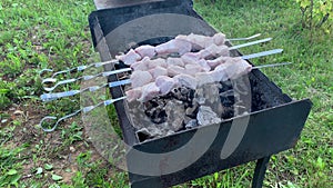 A meat kebab preparing on a barbecue grill fire in garden, backyard, the smoke and heat there