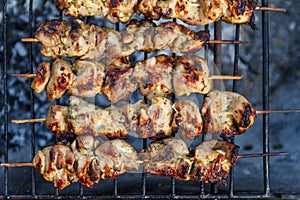 Meat-kebab on skewers and grill grate. Top view, close-up