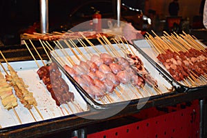 Meat on Kebab Sticks at Donghuamen Night Market, Beijing, China 