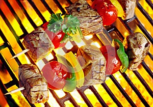 Meat kebabs sizzling over the coals photo