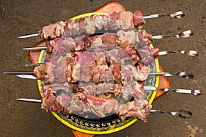 Meat kebabs strung on skewers