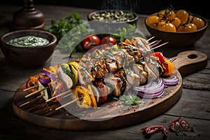Meat kebabs with vegetables on a wooden board. Grilled Chicken Kebabs on the Skewers, Generative AI