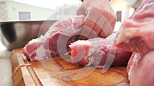 Meat with knife on cutting board.