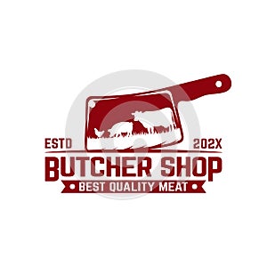 Meat Knife with a Symbol of Cow Pork Chicken Logo Design Template.
