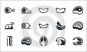 meat line icons. linear set. quality vector line set such as tuna, fish, bacon, sausage, meat, roast chicken, sausage, sausage,
