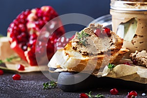 Meat liver pate on toasted bread with fruit seeds and spice herb, brown kitchen table, copy space, selective focus