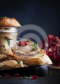 Meat liver pate on toasted bread with fruit seeds and spice herb, brown kitchen table, copy space, selective focus